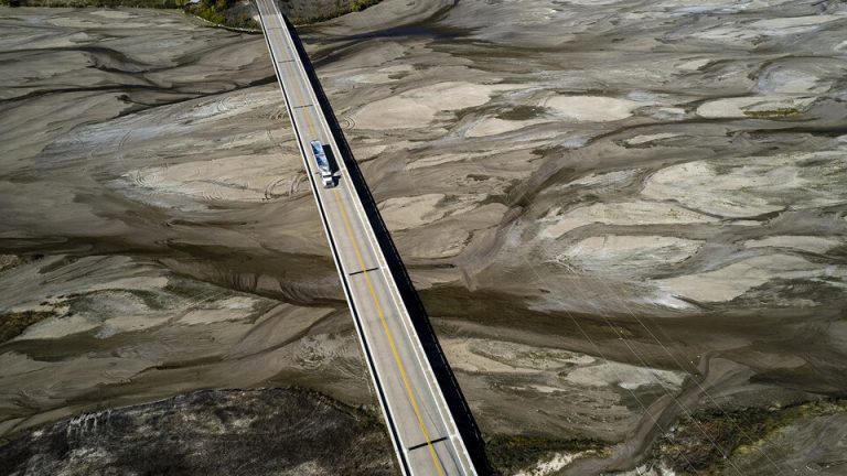 A grain truck crosses the dry Platte River near Chapman, Nebraska, in October 2022. The area around Chapman is in severe and extreme drought, according to the U.S. Drought Monitor. (Photo by Craig Chandler, University Communication and Marketing.)