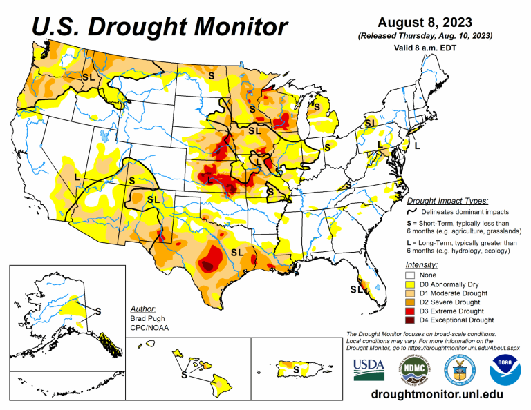 The U.S. Drought Monitor is jointly produced by the National Drought Mitigation Center at the University of Nebraska-Lincoln, the U.S. Department of Agriculture and the National Oceanic Atmospheric Administration. (Map courtesy of NDMC.)