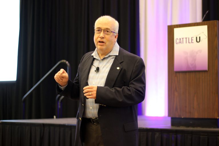 Scott Brown, a livestock economist, spoke at the recent Cattle U event in Manhattan, Kansas. (Journal photo by Lacey Vilhauer.)