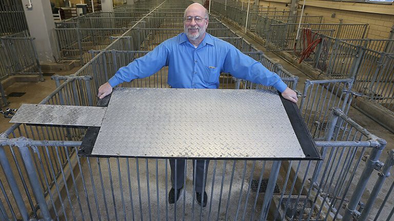 Robert M. Stwalley III, clinical associate professor in the Department of Agricultural and Biological Engineering at Purdue University, shows a cooling pad designed to keep hogs cool. IHT Group of Winnipeg, Manitoba, has signed an exclusive license and will manufacture and sell the pads in North America beginning spring 2024. (Photo by Tom Campbell, Purdue Agricultural Communication photo.)