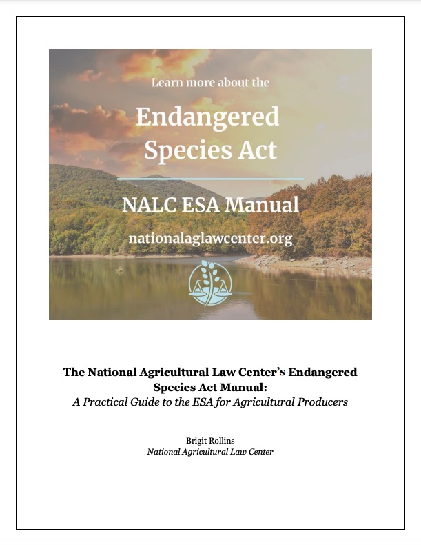 Cover of the National Agricultural Law Center's Endangered Species Act manual for ag producers. (University of Arkansas System Division of Agriculture image.)