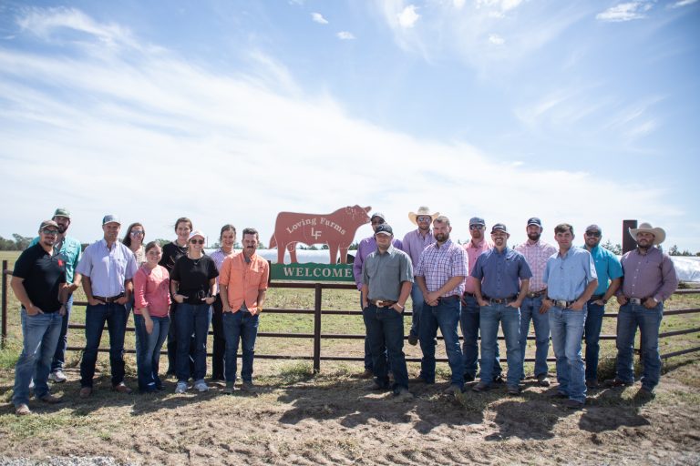 One tour stop was held at Loving Farms near Pawnee Rock. Pictured are (front row, L to R) Garret Otter, Almena; Brody Thayer, La Cygne; Allison Castilleja, Satanta; Leslie Smith, Ashland; Jack Adams, Plains; Cooper Imthurn, Maple Hill; Jay Ziegelmeier, Hays; Garret Smith, Great Bend; Bubba Sullivan, Amarillo, TX; (back row, L to R) Cody Howell, Chanute; Erica Auchard, Cimarron; Tara Jo Bina, Halstead; Emily Grund; Wamego; Eric Blythe, White City; Logan Hoobler, Maple Hill; Cole Baumgartner, Westmoreland; Arlan Newby, Haven; Jose Woolfolk, Hugoton; and Cole Renner, Monument.(Photo courtesy of Kansas Livestock Association.)