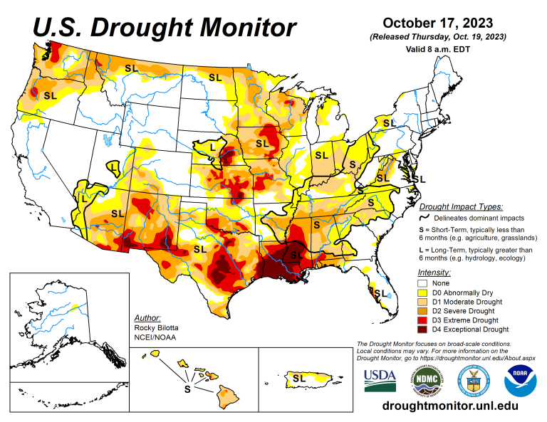 The U.S. Drought Monitor is jointly produced by the National Drought Mitigation Center at the University of Nebraska-Lincoln, the U.S. Department of Agriculture and the National Oceanic Atmospheric Administration. (Map courtesy of NDMC.)