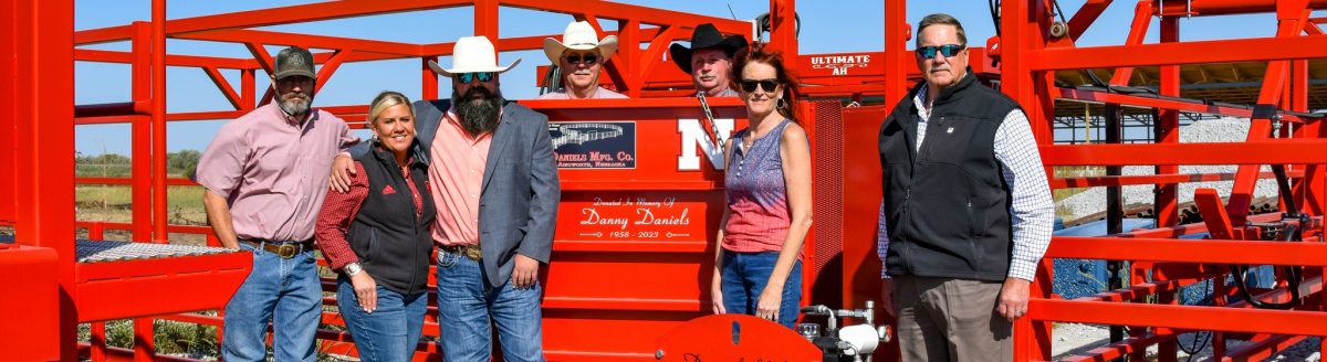 Daniels Manufacturing Company donated cattle working facilities to the University of Nebraska—Lincoln's new Klosterman Feedlot Innovation Center at the Eastern Nebraska Research, Extension and Education Center (ENREEC) near Mead, Nebraska. Left to right: Josh Benton, Feedlot Unit Manager at ENREEC; Ruth Woiwode, UNL Assistant Professor of Animal Science; Kade Blake, Daniels Manufacturing Sales Manager and Design Consultant; Mark Shaul, Daniels Manufacturing Co. board of directors; Tim Iverson, Daniels Manufacturing Co. board of directors; Teri Daniels, Daniels Manufacturing Co. owner and board of directors, and Doug Zalesky, Director of ENREEC. (Photo courtesy of University of Nebraska-Lincoln's Institute of Agriculture and Natural Resources.)