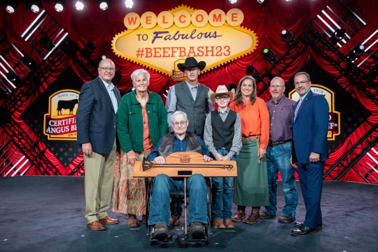 Pictured from left: John Stika, president of Certified Angus Beef; Rosemary, Roy (front), Troy (back), Zane Anderson, Dawn, Matt Caldwell, and Bruce Cobb (Photo courtesy of CAB.)