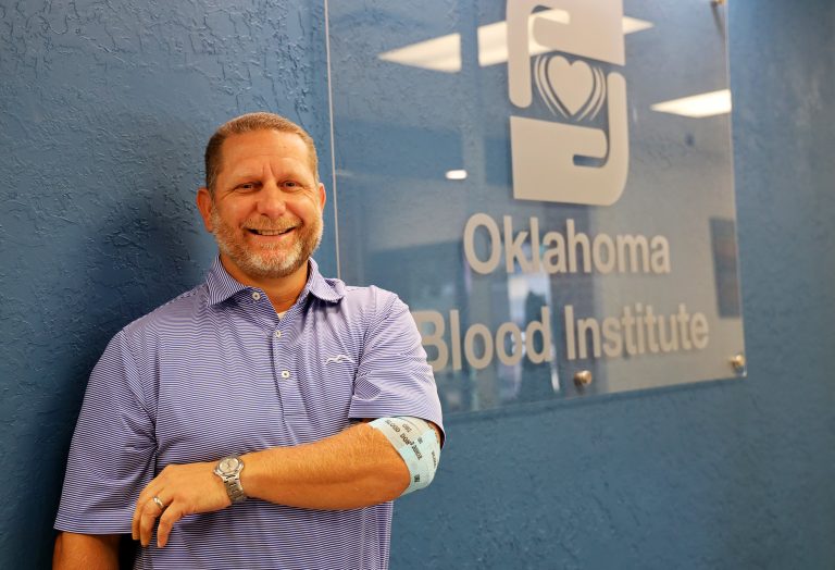 Erick Chandler at the Lawton, Oklahoma, Our Blood Institute donor center after participating in the Beef Up the Blood Supply drive. (Photo courtesy of the Oklahoma Beef Council.)