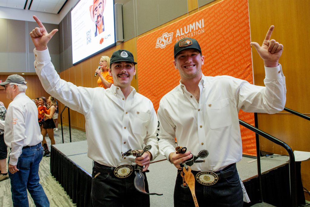 Picture from left, Bryce Coon and Caden Schaufele are currently Pistol Petes No. 95 and 96. (Photo by Gary Lawson, Oklahoma State University.)