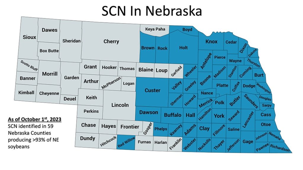 Soybean cyst nematode map of Nebraska as of Oct. 1, 2023.