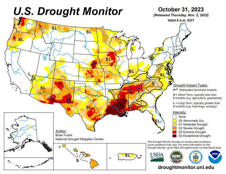The U.S. Drought Monitor is jointly produced by the National Drought Mitigation Center at the University of Nebraska-Lincoln, the U.S. Department of Agriculture and the National Oceanic Atmospheric Administration. (Map courtesy of NDMC.)
