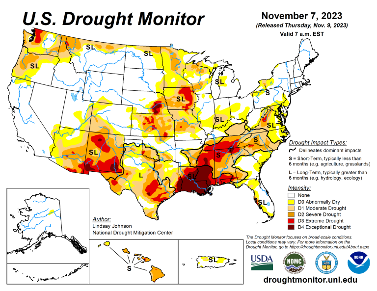 The U.S. Drought Monitor is jointly produced by the National Drought Mitigation Center at the University of Nebraska-Lincoln, the U.S. Department of Agriculture and the National Oceanic Atmospheric Administration. (Map courtesy of NDMC.)