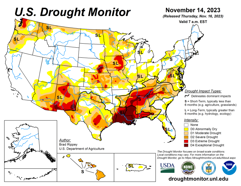 The U.S. Drought Monitor is jointly produced by the National Drought Mitigation Center at the University of Nebraska-Lincoln, the U.S. Department of Agriculture and the National Oceanic Atmospheric Administration. (Map courtesy of NDMC.)