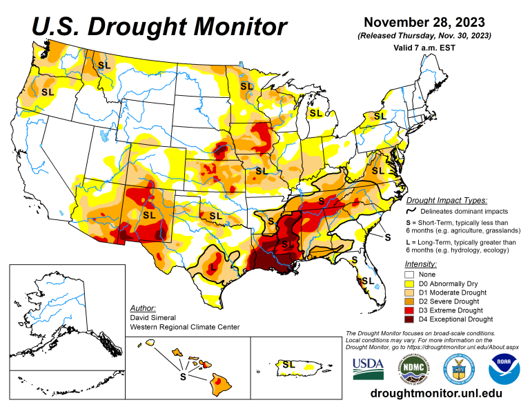 The U.S. Drought Monitor is jointly produced by the National Drought Mitigation Center at the University of Nebraska-Lincoln, the U.S. Department of Agriculture and the National Oceanic Atmospheric Administration. (Map courtesy of NDMC.)
