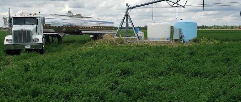 A tanker takes a PrairieFood solution that can be applied through a center pivot irrigation system. (Courtesy photo.)