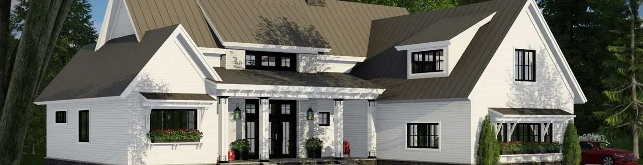 Main house plan picture. White country home with several peaks. (Photo courtesy of MonsterHousePlans.com.)