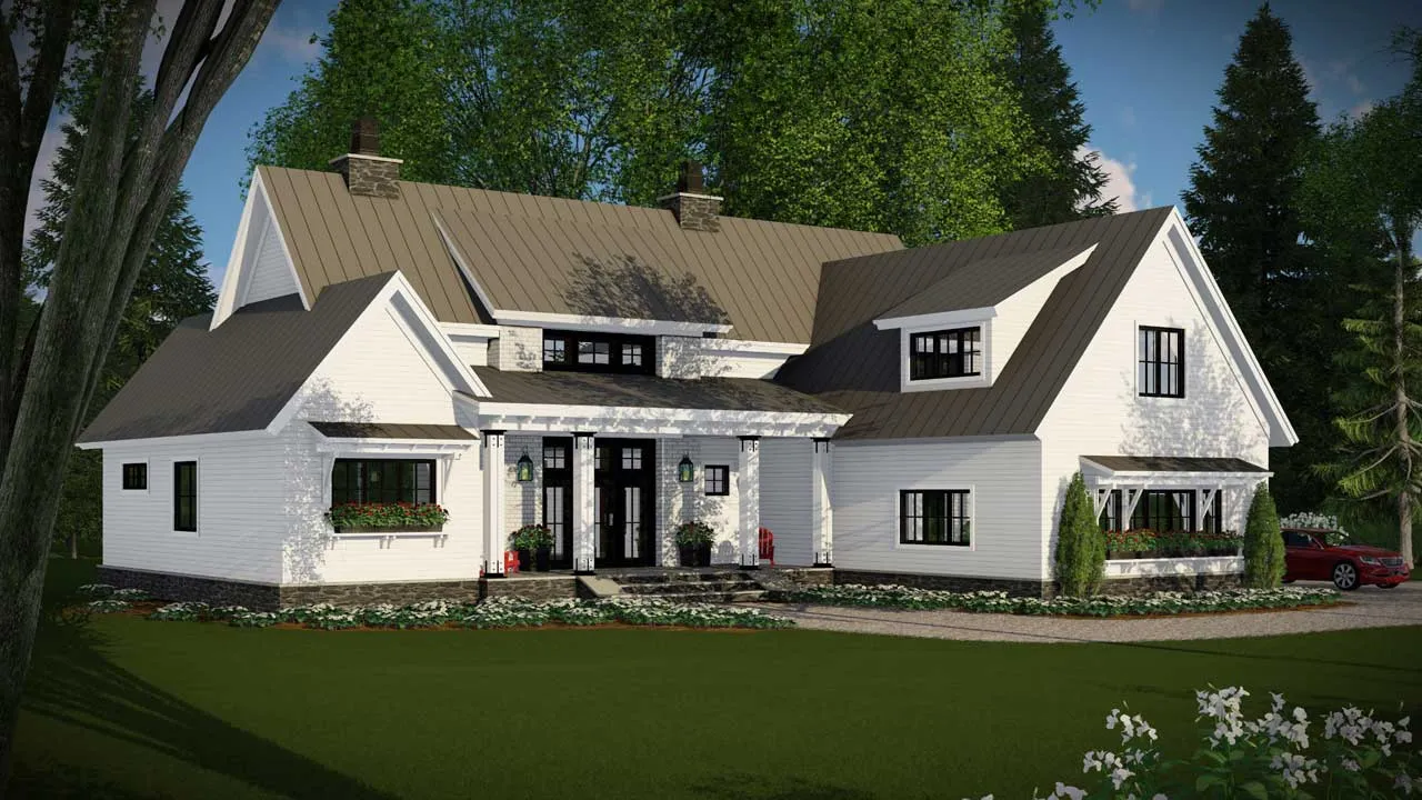Main house plan picture. White country home with several peaks. (Photo courtesy of MonsterHousePlans.com.)