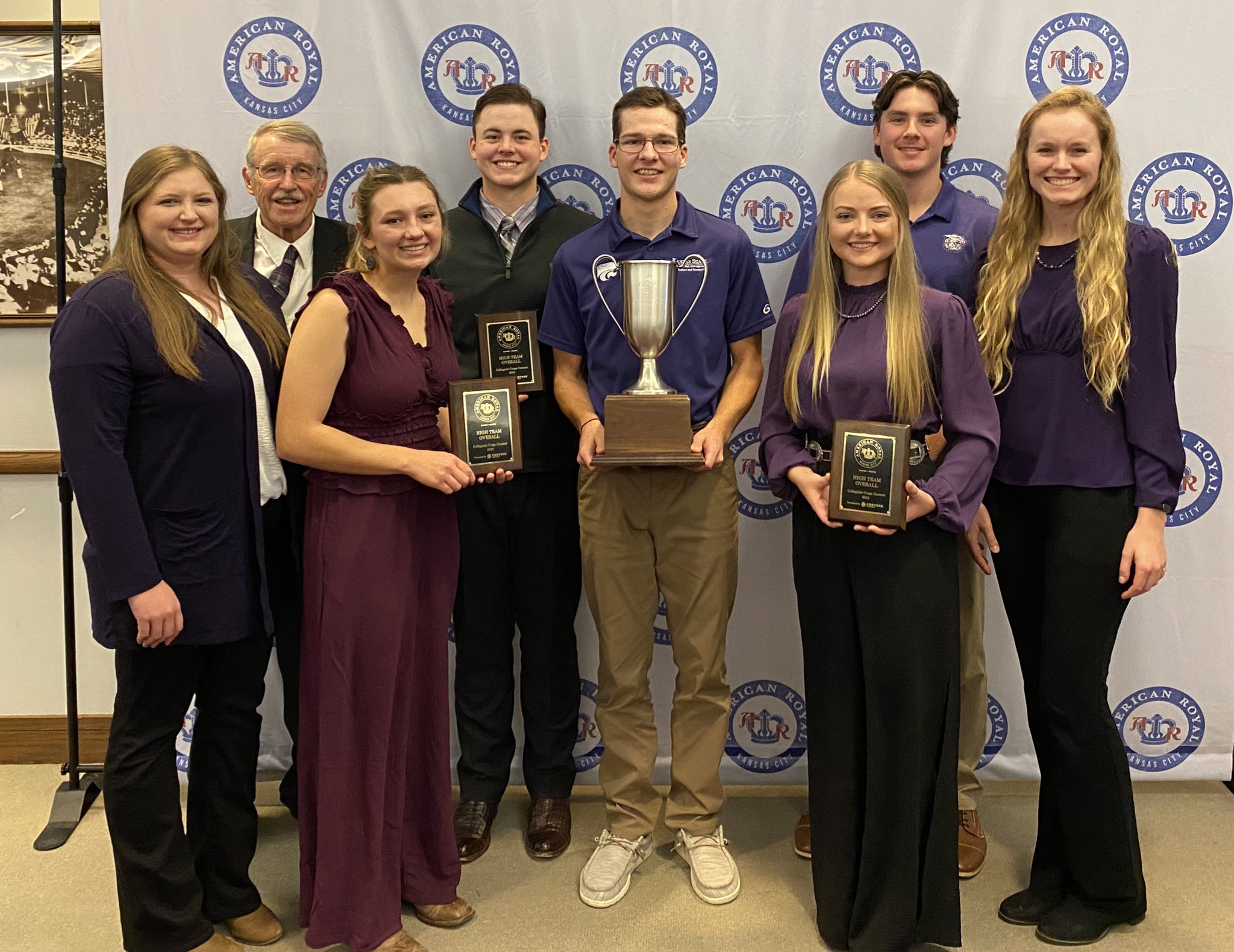 Members of K-State's 2023 Crops Judging team are (l to r) assistant coaches Sarah Frye and Kevin Donnelly, Molly Kane, Landon Trout, Quinten Bina, Renae Sinclair, Joel Bryan, and head coach Rachel Veenstra. (Photo courtesy of Kansas State University.)