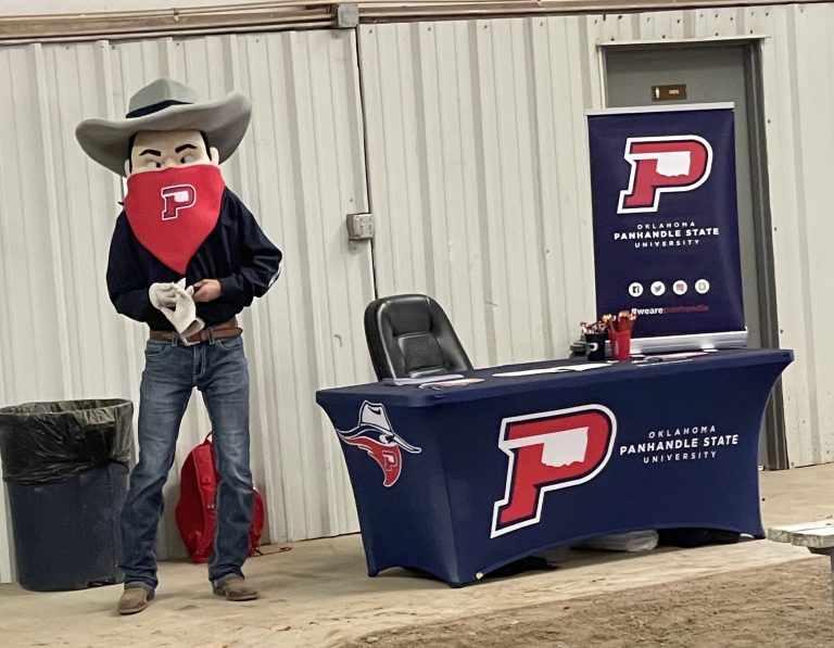 The Oklahoma Panhandle State University Aggie mascot attended the recent Panhandle Showdown hosted by the OPSU Livestock Showing team. (Journal photo by Jennifer Theurer.)