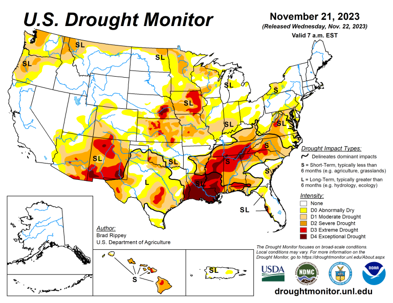 The U.S. Drought Monitor is jointly produced by the National Drought Mitigation Center at the University of Nebraska-Lincoln, the U.S. Department of Agriculture and the National Oceanic Atmospheric Administration. (Map courtesy of NDMC.)