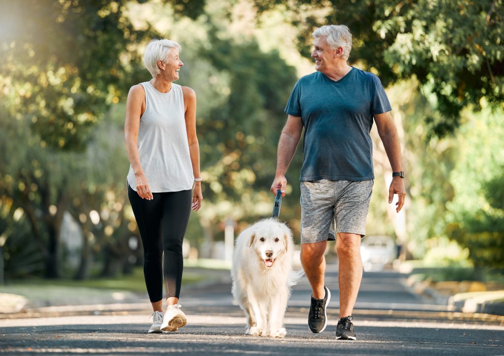 Retirement, fitness and walking with dog and couple in neighborhood park for relax, health and sports workout. Love, wellness and pet with old man and senior woman in outdoor morning walk together (Photo: iStock - PeopleImages)