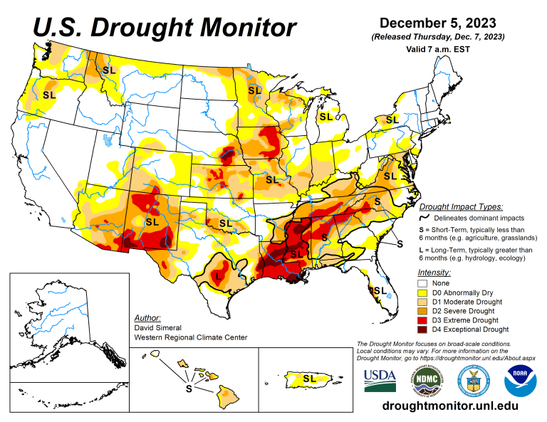 The U.S. Drought Monitor is jointly produced by the National Drought Mitigation Center at the University of Nebraska-Lincoln, the U.S. Department of Agriculture and the National Oceanic Atmospheric Administration. (Map courtesy of NDMC.)