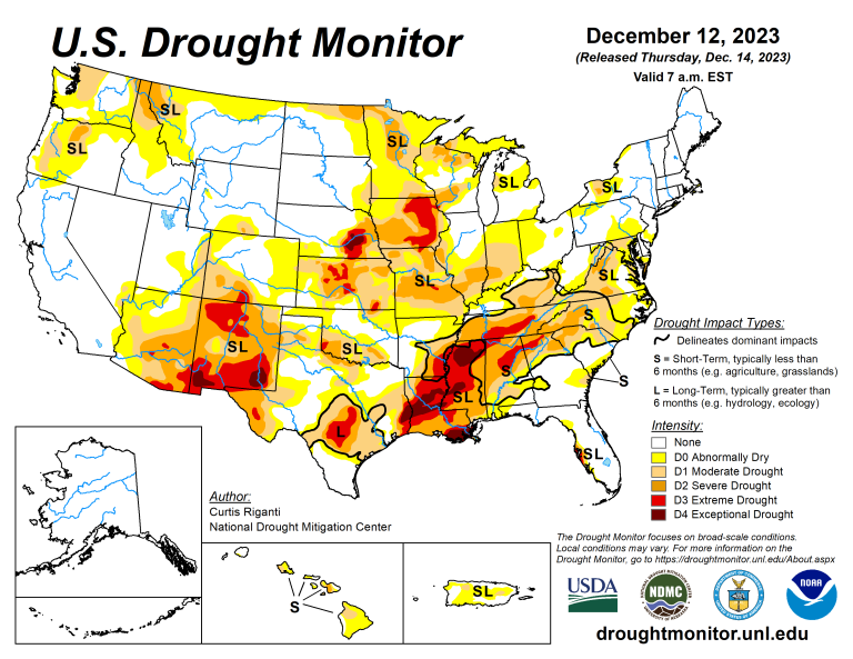 The U.S. Drought Monitor is jointly produced by the National Drought Mitigation Center at the University of Nebraska-Lincoln, the U.S. Department of Agriculture and the National Oceanic Atmospheric Administration. (Map courtesy of NDMC.)