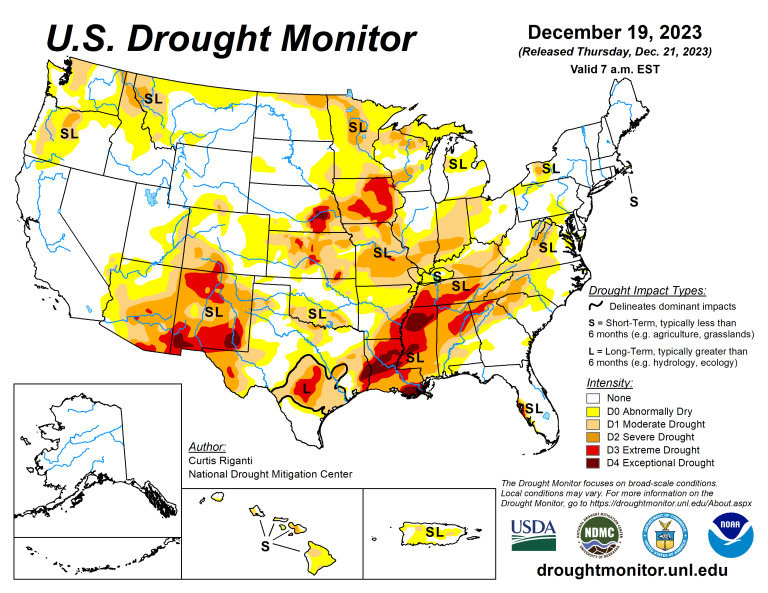 The U.S. Drought Monitor is jointly produced by the National Drought Mitigation Center at the University of Nebraska-Lincoln, the U.S. Department of Agriculture and the National Oceanic Atmospheric Administration. (Map courtesy of NDMC.)