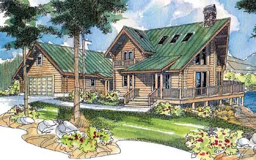 Exterior view of log cabin home design by MonsterHousePlans.com.