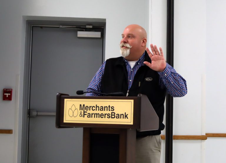 Arkansas Extension Soybean Agronomist Jeremy Ross give a 2022 year-in-review summary with learnings for 2023. He’s speaking at the Jan. 6, at the 2023 Tri-State Soybean Conference. The 2024 conference moves to Louisiana. (U of A System Division of Agriculture photo by Mary Hightower.)