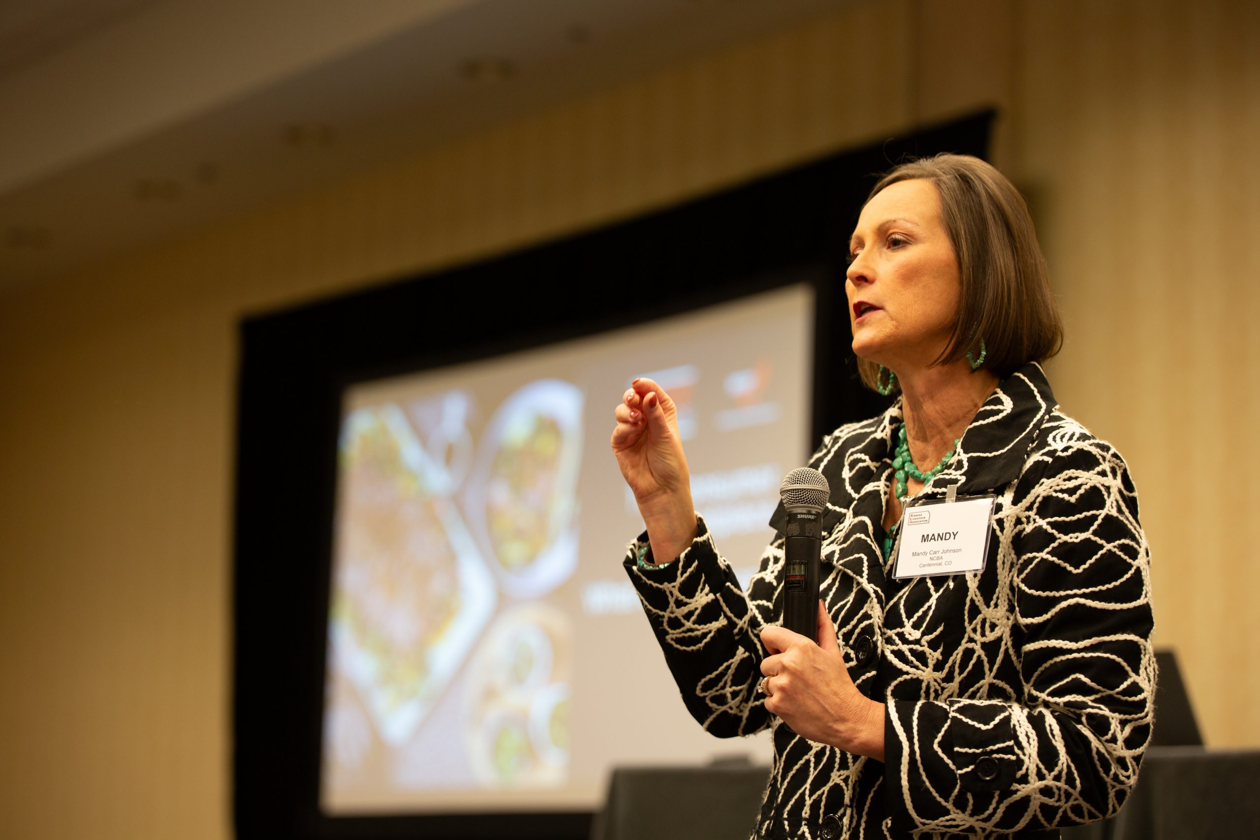 Mandy Carr Johnson detailed what is happening with consumer eating, buying and consuming trends during the Kansas Livestock Association Convention Nov. 30 in Wichita, Kansas. Johnson is the senior executive director of scientific affairs department at the National Cattlemen’s Beef Association where she’s leads a team which looks after technical research in beef safety, product quality, human nutrition and sustainability, as well as the market research and nutrition and health influencer programs. (Journal photo by Kylene Scott.)