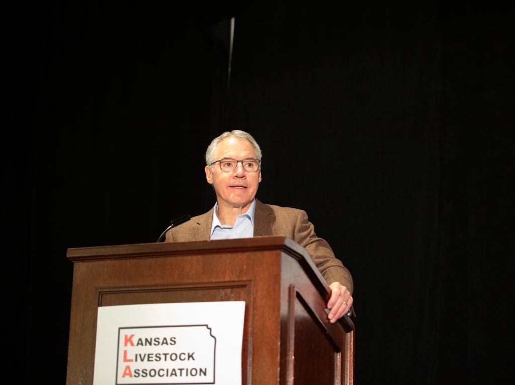 Randy Blach, CattleFax chief executive officer, spoke Nov. 30 at the Kansas Livestock Association Beef Industry University during their annual convention in Wichita, Kansas. Blach discussed the cow herd numbers and feeder prices and what kind of infulence it has on meat supplies and consumer demand. (Journal photo by Kylene Scott.)