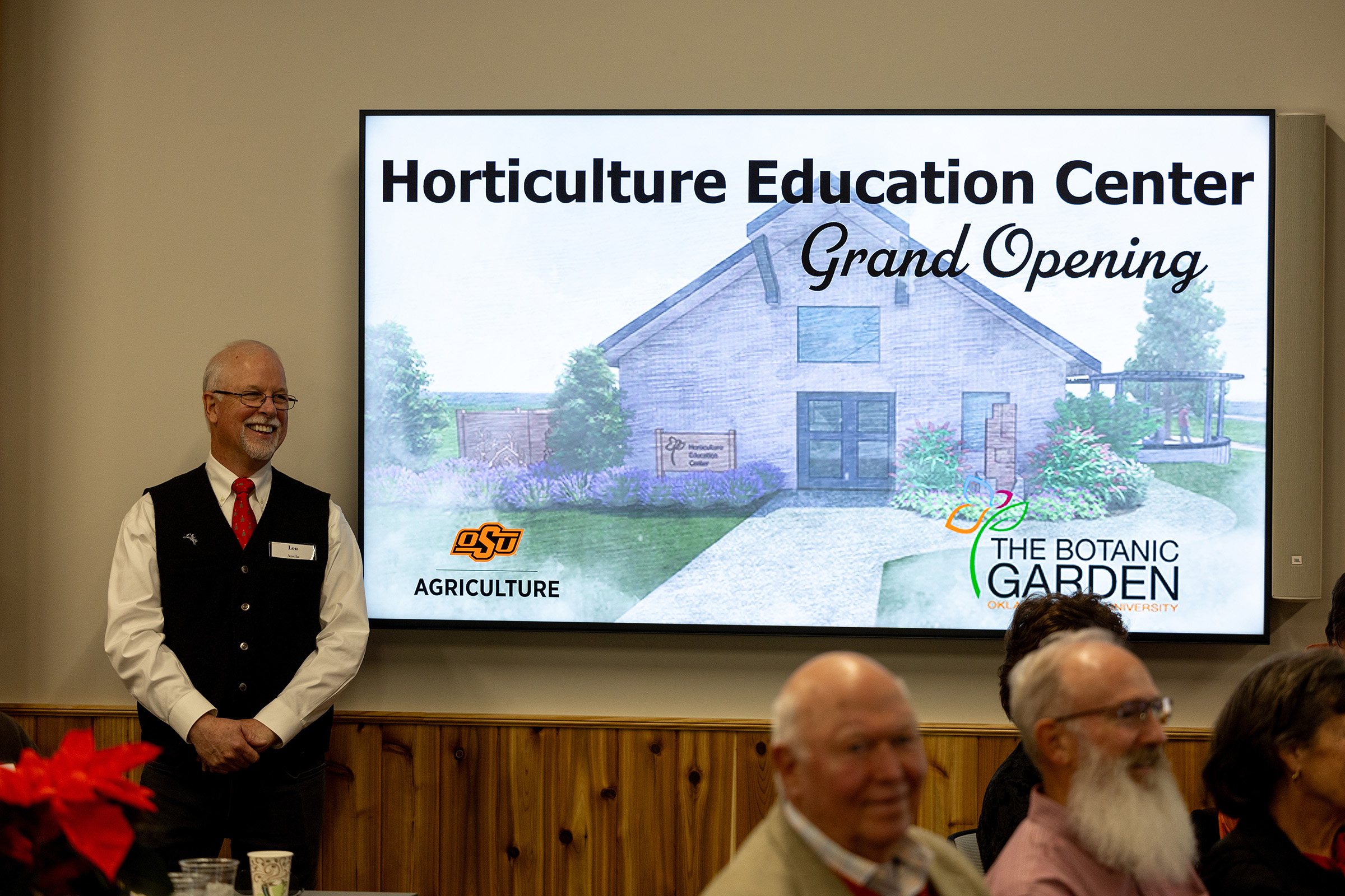 Lou Anella, director of The Botanic Garden at OSU, discusses community horticulture programming during the Horticulture Education Center grand opening presentation. (Photo by Mitchell Alcala, OSU Agriculture.)