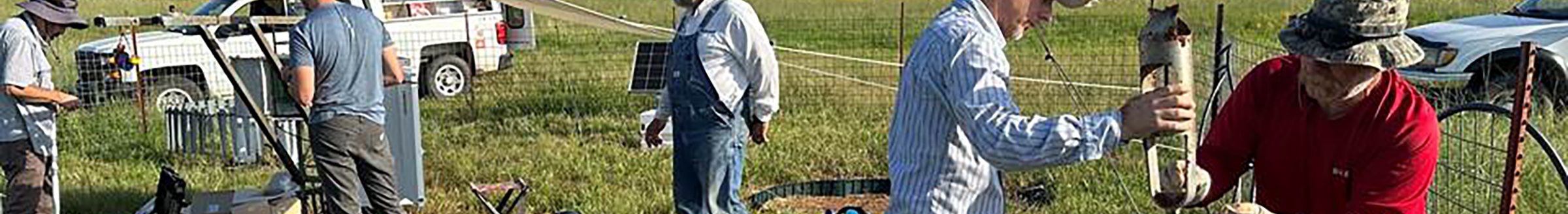 Researchers from Oklahoma State University and the University of Oklahoma prepare to install new soil water content sensors at an Oklahoma Mesonet site as part of the Oklahoma Hydronet initiative. The Hydronet system will also measure water stored in soil, aquifers and reservoirs. (Photo by OSU Agriculture.)