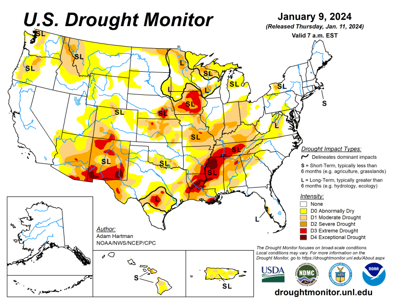 The U.S. Drought Monitor is jointly produced by the National Drought Mitigation Center at the University of Nebraska-Lincoln, the U.S. Department of Agriculture and the National Oceanic Atmospheric Administration. (Map courtesy of NDMC.)