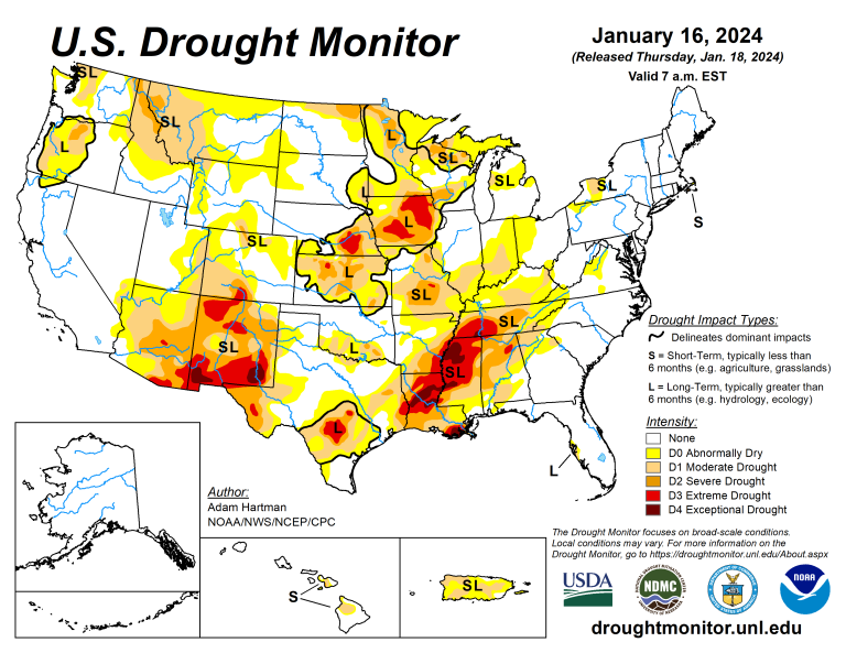 The U.S. Drought Monitor is jointly produced by the National Drought Mitigation Center at the University of Nebraska-Lincoln, the U.S. Department of Agriculture and the National Oceanic Atmospheric Administration. (Map courtesy of NDMC.)