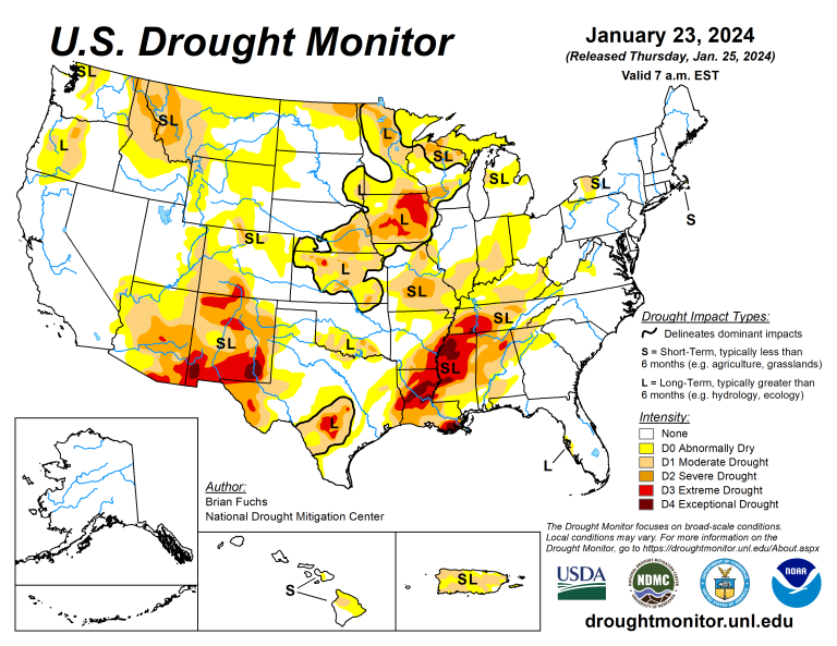The U.S. Drought Monitor is jointly produced by the National Drought Mitigation Center at the University of Nebraska-Lincoln, the U.S. Department of Agriculture and the National Oceanic Atmospheric Administration. (Map courtesy of NDMC.)