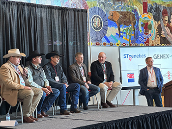 Panel participants left to right: Aaron Arnett, ST Genetics;
Cody Sankey, Genex; Ben Lohmann, ABS; Jon Herrick,
Select Sires; and Marty Ropp, Allied Genetic Resources.
Patrick Wall, panel moderator, is at far right. (Photo courtesy of Iowa Beef Center.)