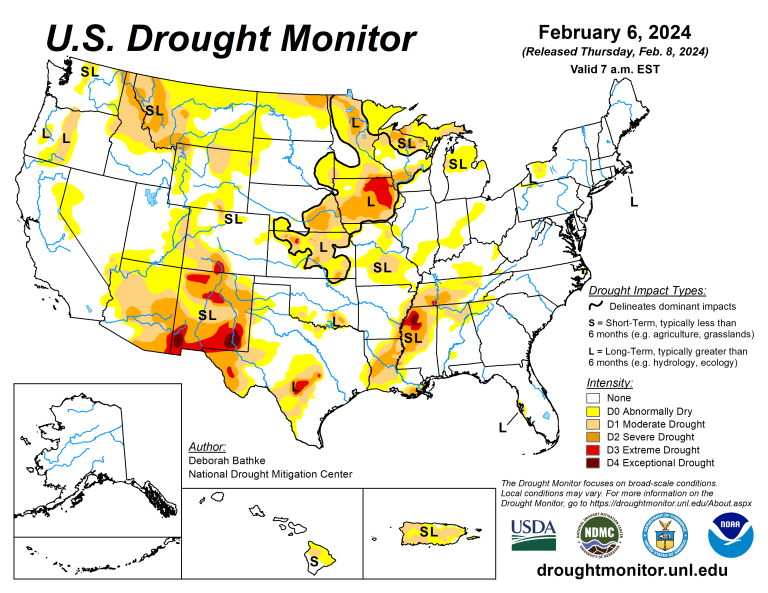 The U.S. Drought Monitor is jointly produced by the National Drought Mitigation Center at the University of Nebraska-Lincoln, the U.S. Department of Agriculture and the National Oceanic Atmospheric Administration. (Map courtesy of NDMC.)