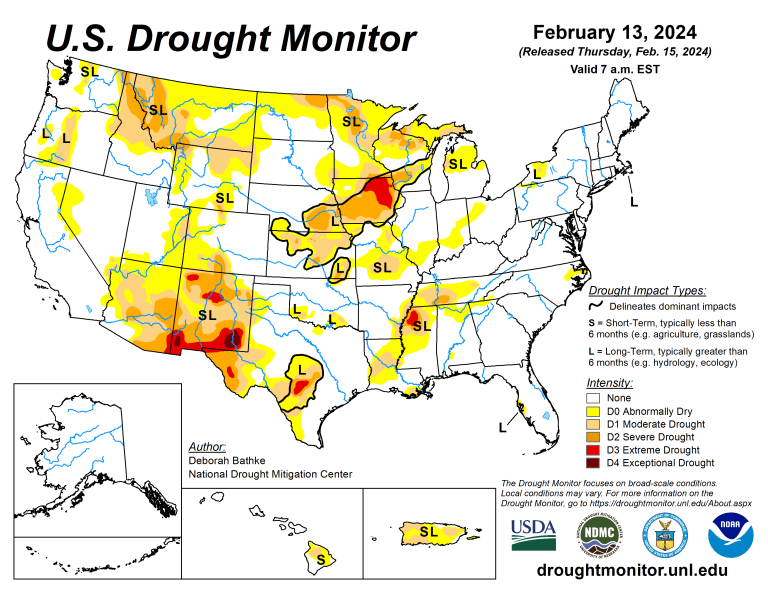 The U.S. Drought Monitor is jointly produced by the National Drought Mitigation Center at the University of Nebraska-Lincoln, the U.S. Department of Agriculture and the National Oceanic Atmospheric Administration. (Map courtesy of NDMC.)