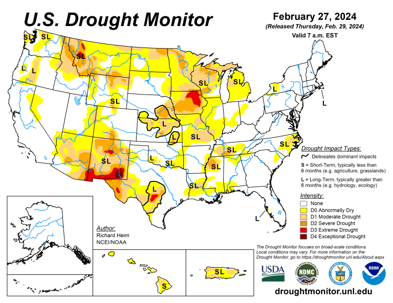 The U.S. Drought Monitor is jointly produced by the National Drought Mitigation Center at the University of Nebraska-Lincoln, the U.S. Department of Agriculture and the National Oceanic Atmospheric Administration. (Map courtesy of NDMC.)