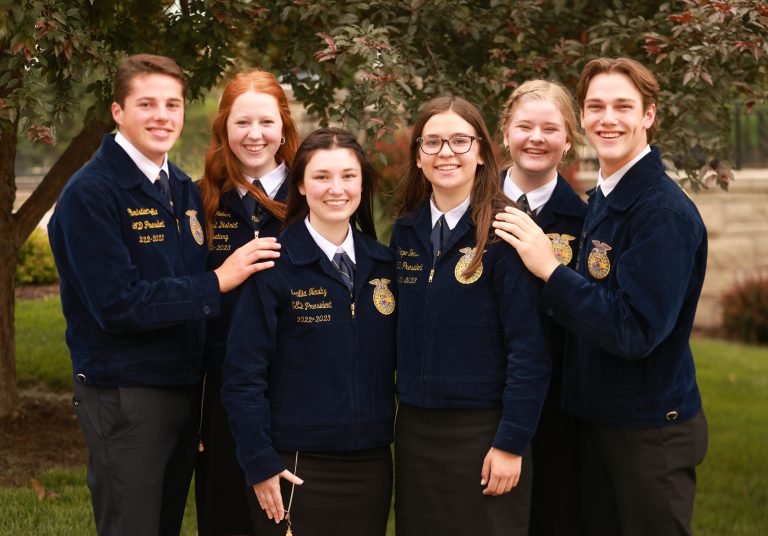 Pictured left to right are the 2023-24 Kansas FFA officer team: Christian Pena, president; Karli Neher, treasurer; Cecillia Newby, secretary; Sage Toews, reporter; Payton Ryba, vice president; Kai Cox, sentinel. (Courtesy photo by Kansas FFA.)