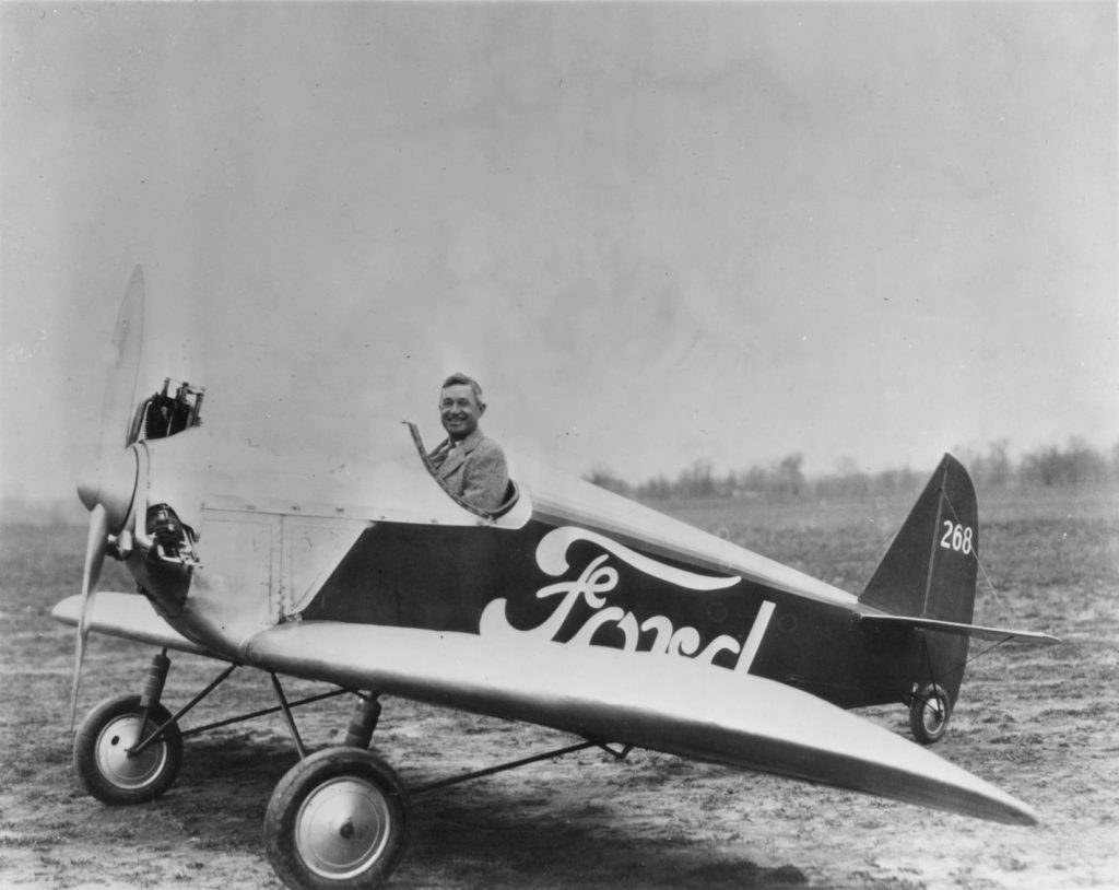 Will Rogers poses in Ford aircraft. (Photo courtesy Will Rogers Memorial Museum.)