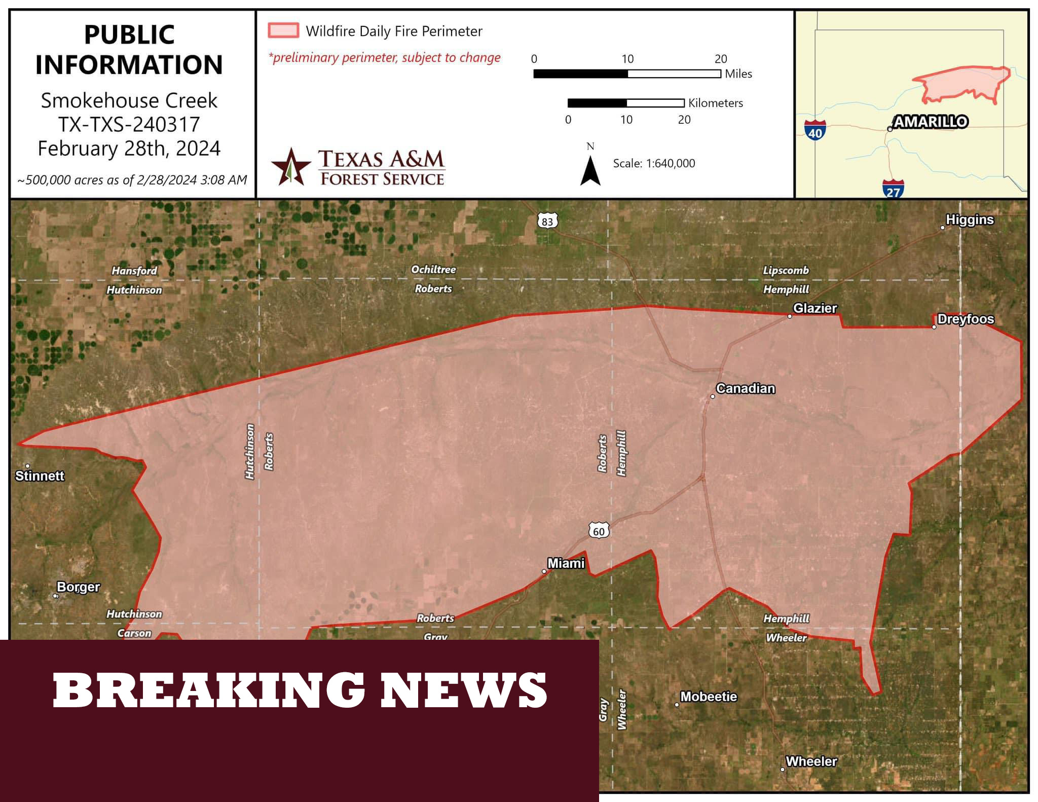Texas A&M Forrest Service map - Smokehouse Creek wildfire perimeter