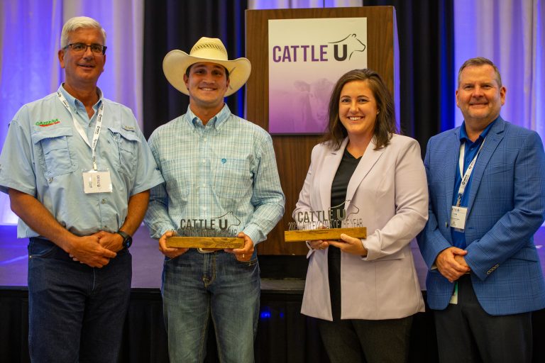 The 2023 Cattle U Cattleman and Cattlewoman of the Year award winners were Shayne and Chance Wiese of Manning, Iowa, and Dr. Tera R. Barnhardt, DVM, of Johnson, Kansas. (Journal photo by Kylene Scott.)