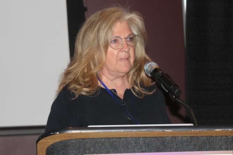 Kim Nettleton, hay market reporter for the Kansas Department of Agriculture, highlighted the state’s hay market in 2023. (Journal photo by Dave Bergmeier.)