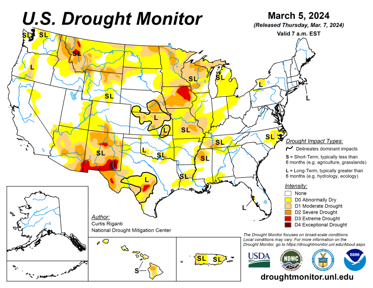 The U.S. Drought Monitor is jointly produced by the National Drought Mitigation Center at the University of Nebraska-Lincoln, the U.S. Department of Agriculture and the National Oceanic Atmospheric Administration. (Map courtesy of NDMC.)