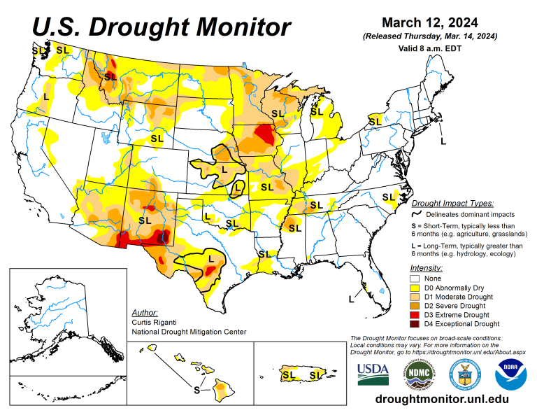 The U.S. Drought Monitor is jointly produced by the National Drought Mitigation Center at the University of Nebraska-Lincoln, the U.S. Department of Agriculture and the National Oceanic Atmospheric Administration. (Map courtesy of NDMC.)