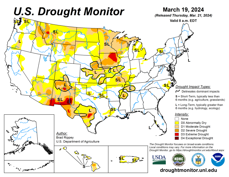 The U.S. Drought Monitor is jointly produced by the National Drought Mitigation Center at the University of Nebraska-Lincoln, the U.S. Department of Agriculture and the National Oceanic Atmospheric Administration. (Map courtesy of NDMC.)