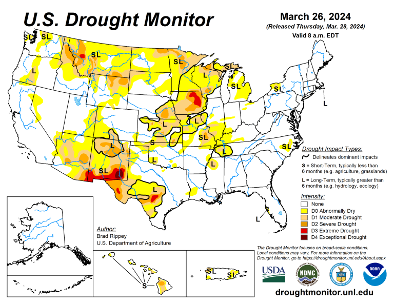 The U.S. Drought Monitor is jointly produced by the National Drought Mitigation Center at the University of Nebraska-Lincoln, the U.S. Department of Agriculture and the National Oceanic Atmospheric Administration. (Map courtesy of NDMC.)