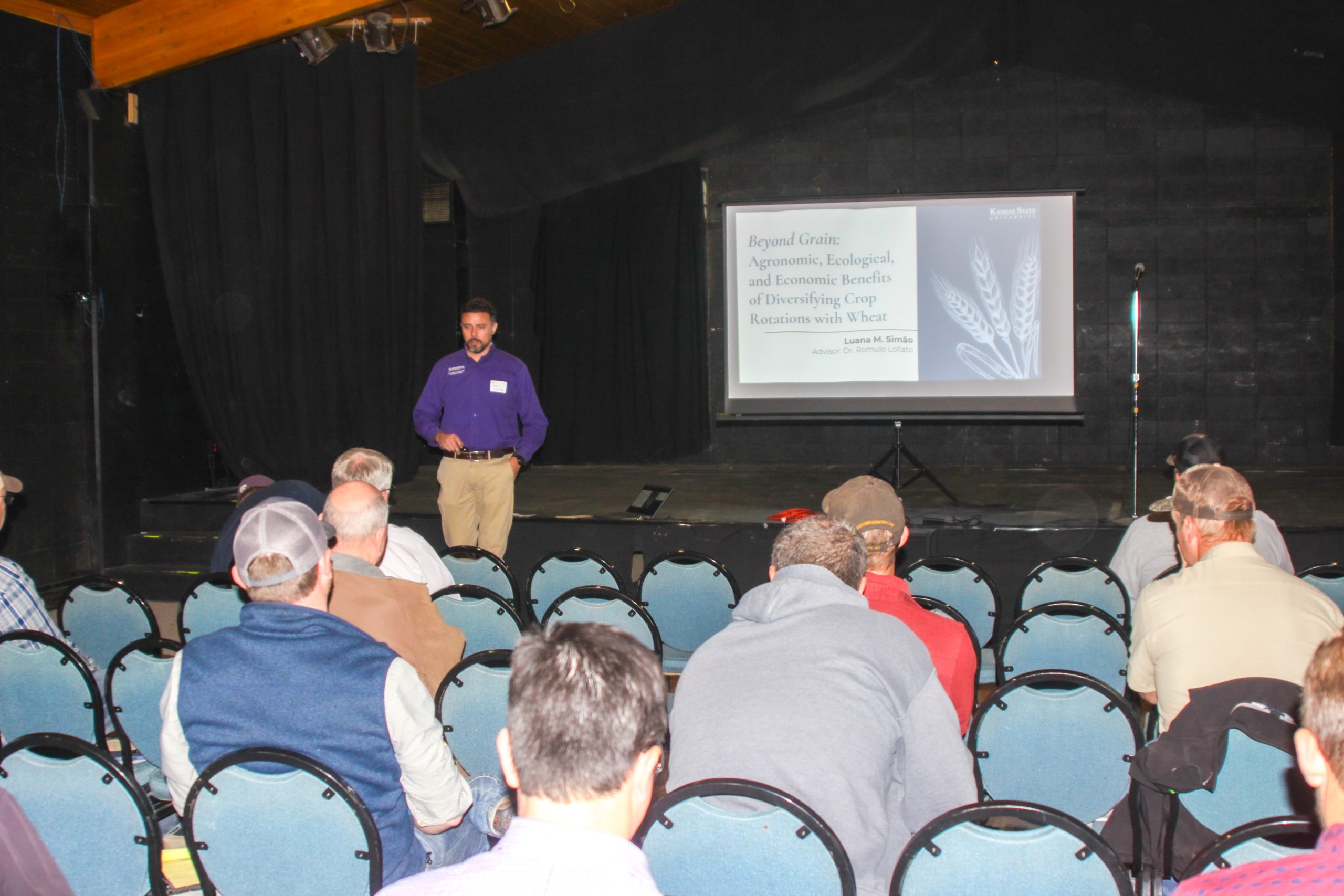 Romulo Lollato, an associate professor of agronomy Extension wheat and forages production specialist at Kansas State University, spoke to wheat growers in Dodge City, Kansas. (Journal photo by Dave Bergmeier.)