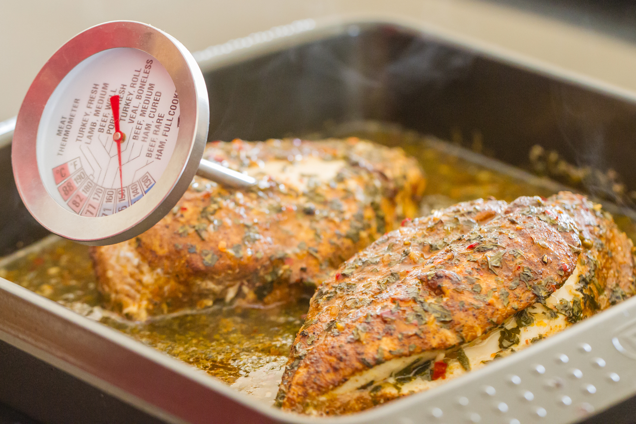 The temperature being measured of two seasoned chicken breasts in a baking tray. (Photo: iStock - CBCK-Christine)